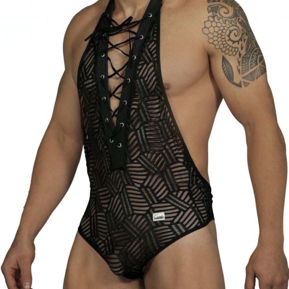 Men's  Black Halter Jockstrap Body Suit #99436